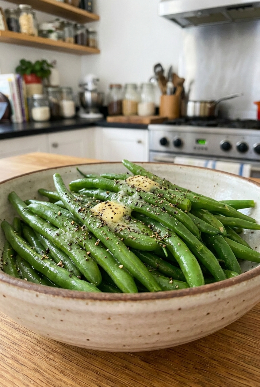A real photo of steamed green beans tossed with butter and cracked black pepper