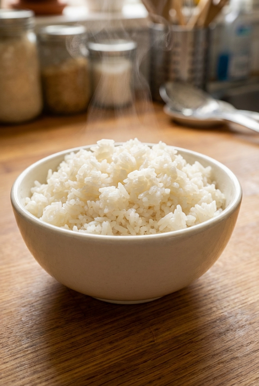 A real photo of steamed jasmine rice in a small bowl with fluffy grains