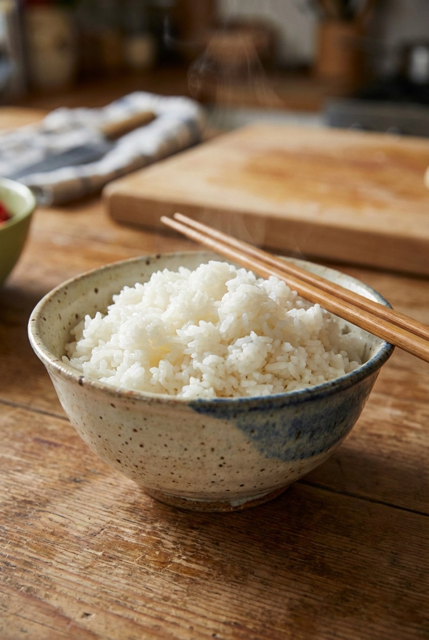 A real photo of steamed white rice in a ceramic bowl with chopsticks resting on the rim