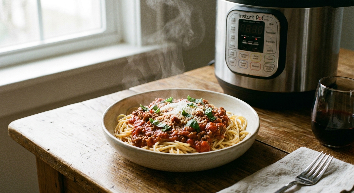 A real photo of steaming Instant Pot spaghetti served in a shallow bowl with a rich tomato meat sauce, grated Parmesan, and basil on a wooden kitchen table with soft window light