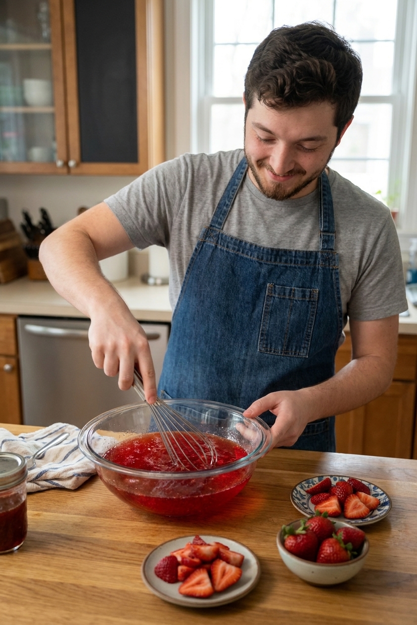 A real photo of strawberry gelatin being whisked in a clear mixing bowl with sliced strawberries nearby on a countertop