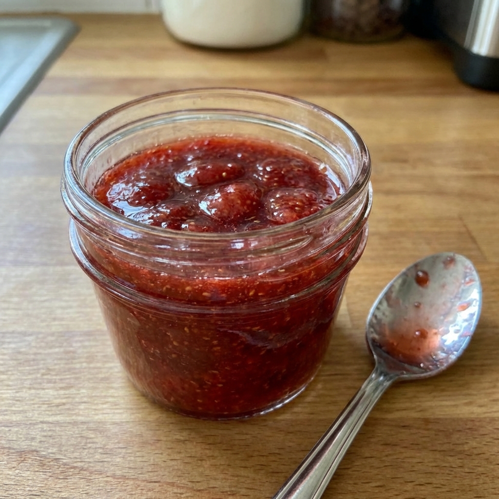A real photo of strawberry jam in a small jar with a spoon resting beside it