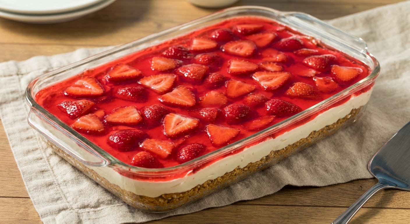 A real photo of strawberry pretzel salad in a clear glass 9x13 baking dish, showing distinct layers of golden pretzel crust, creamy white filling, and glossy red strawberry gelatin with sliced strawberries on top