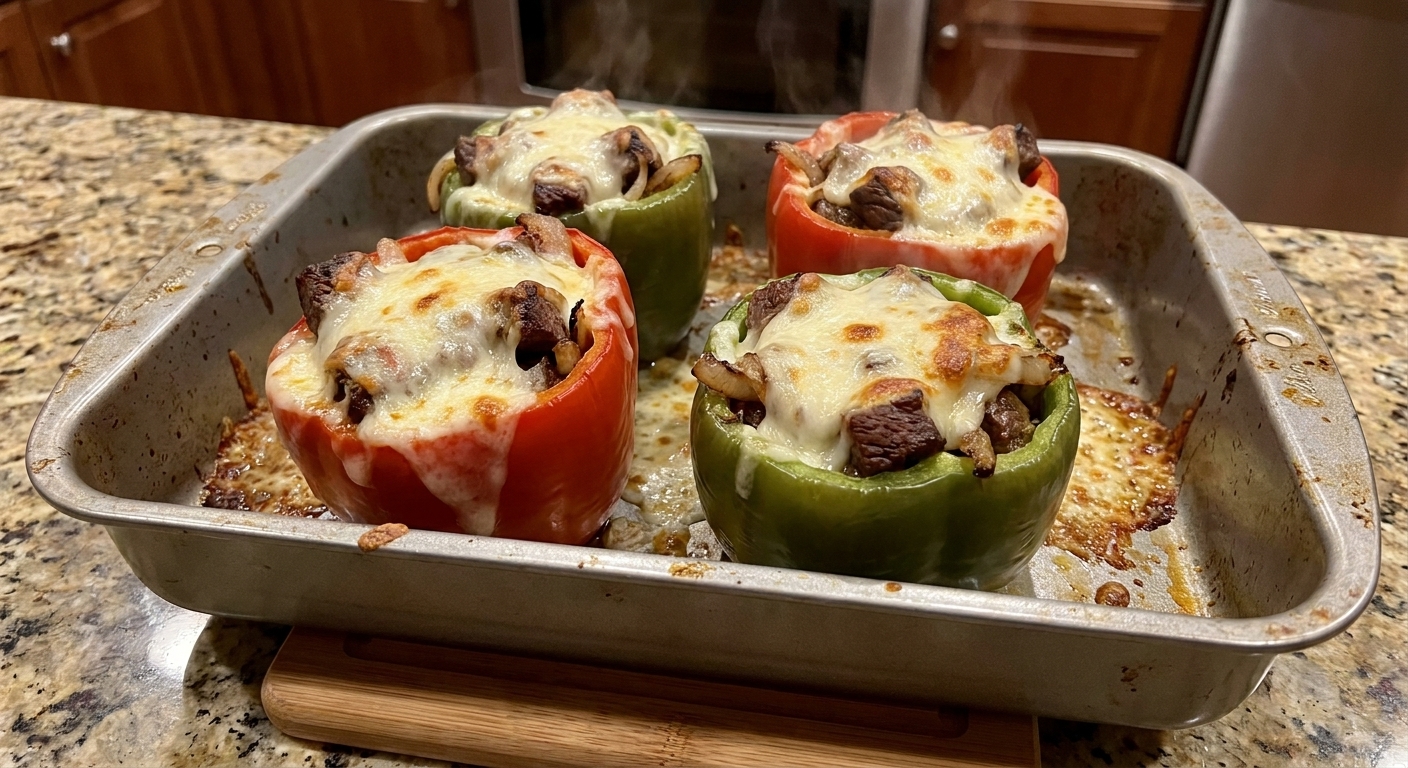 A real photo of stuffed bell peppers fresh from the oven with provolone melted on top, steak and onions visible, in a metal baking pan