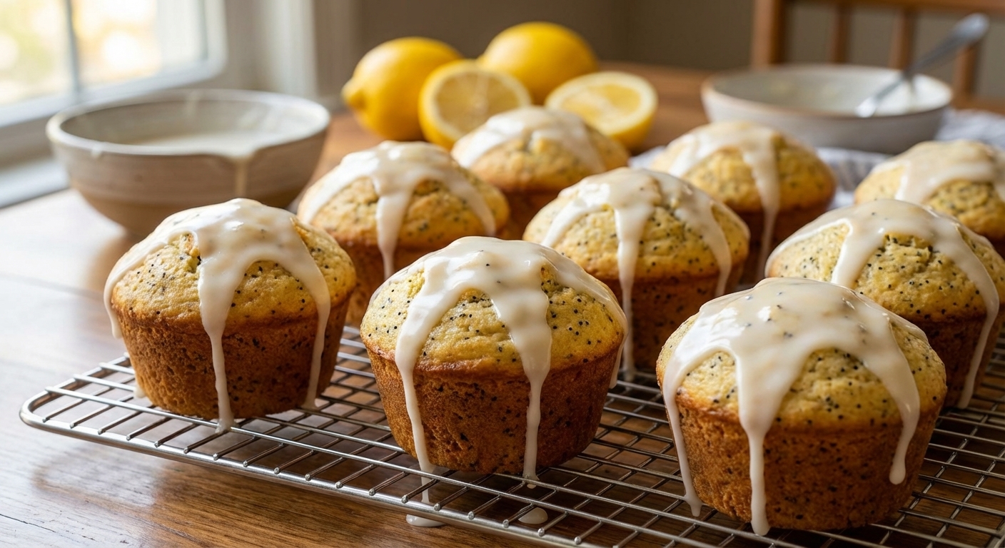 A real photo of tall bakery-style lemon poppy seed muffins on a cooling rack with lemon glaze dripping and fresh lemons in the background