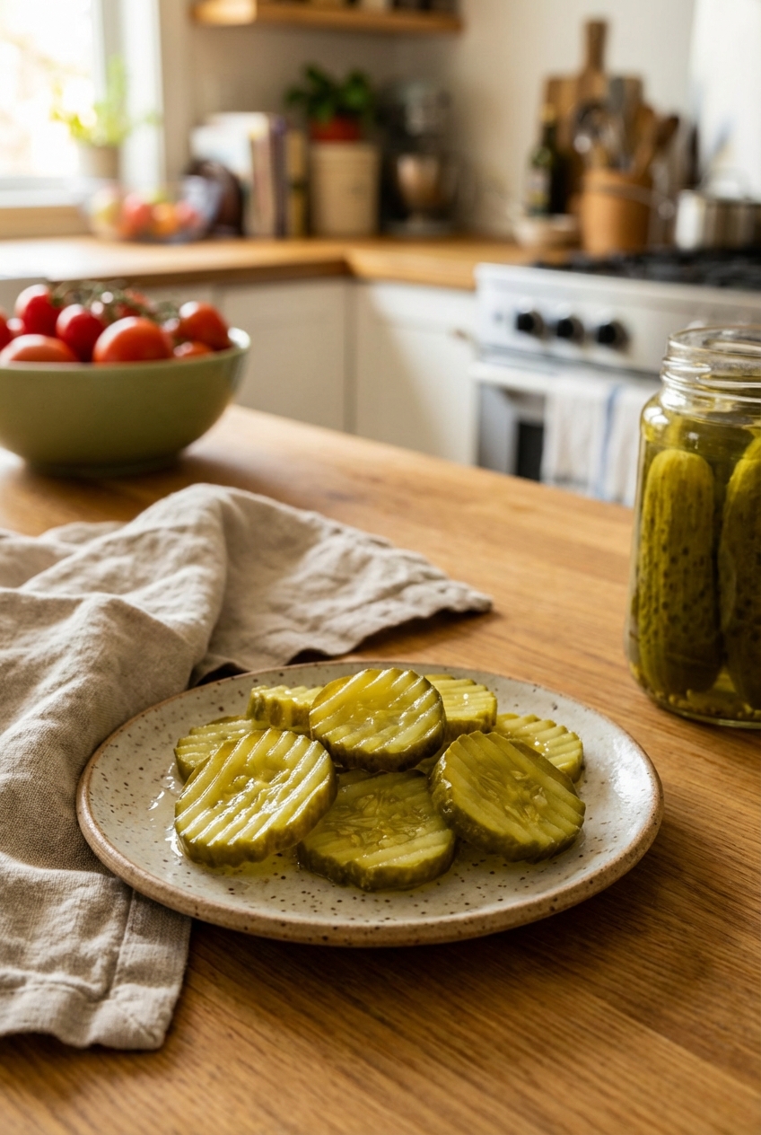 A real photo of tangy dill pickles sliced on a small plate