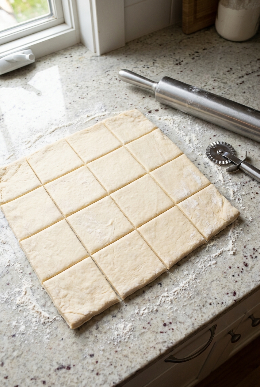 A real photo of thawed puff pastry sheet rolled out and cut into neat squares on a lightly floured countertop