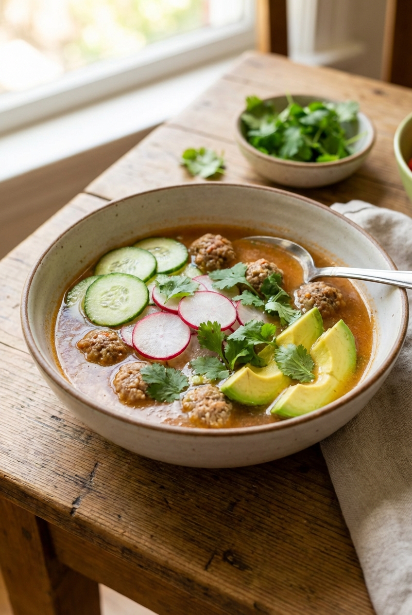 A real photo of the finished chilled albondigas soup in a bowl with cucumber, radish, cilantro, and avocado on top