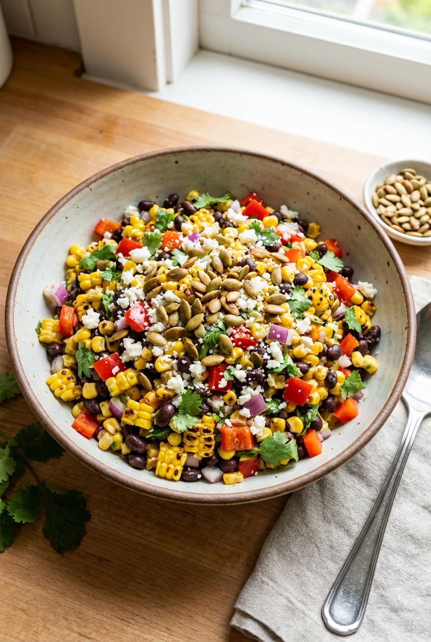 A real photo of the finished corn and black bean salad in a bowl with pepitas sprinkled on top