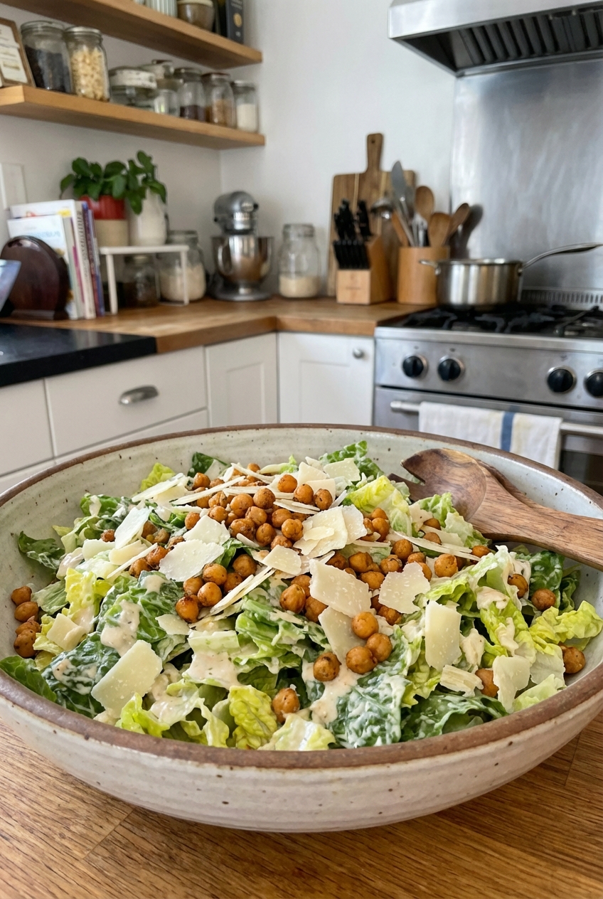A real photo of the finished healthy Caesar salad in a serving bowl with chickpeas and Parmesan on top