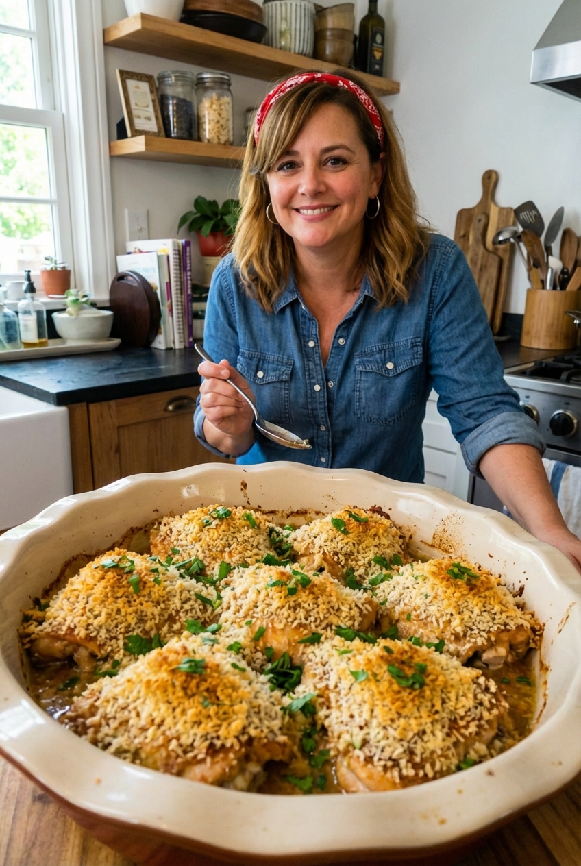 A real photo of the finished slow cooker chicken in a baking dish with a browned panko topping, ready to serve