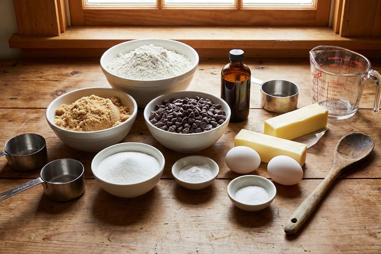 A real photo of the ingredients for Toll House chocolate chip cookies arranged on a kitchen counter, including flour, butter, brown sugar, white sugar, eggs, vanilla, baking soda, salt, and chocolate chips in bowls