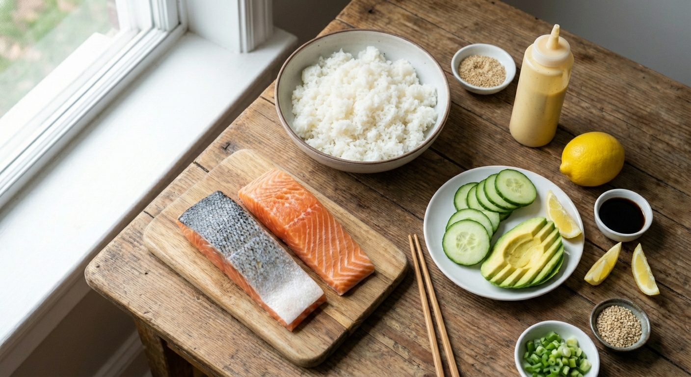 A real photo of the ingredients for a salmon bowl laid out on a countertop including salmon fillets, rice, cucumber, avocado, lemon, soy sauce, and mayonnaise