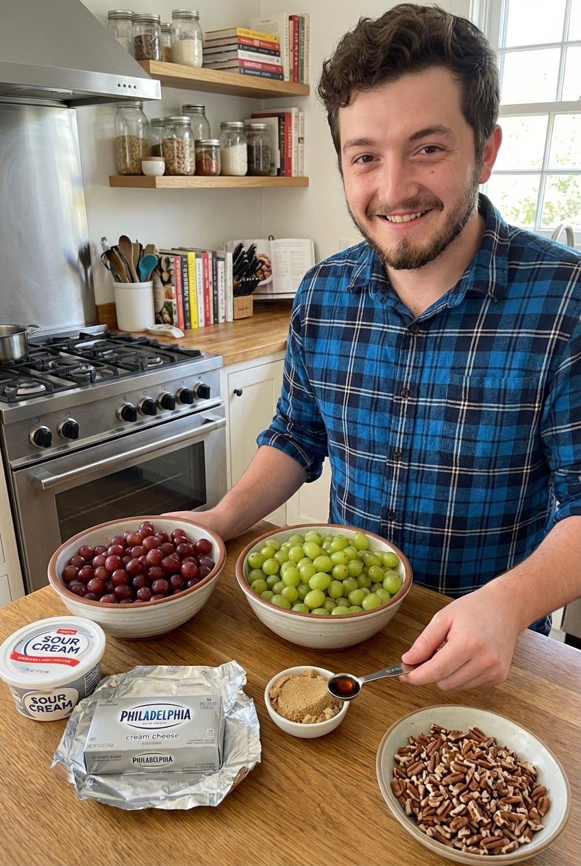 A real photo of the ingredients for grape salad arranged on a counter including bowls of red and green grapes, cream cheese, sour cream, brown sugar, vanilla, and pecans