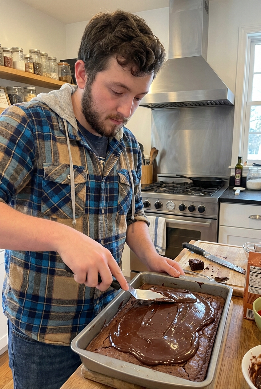 A real photo of thick chocolate ganache being spread over a pan of brownies with an offset spatula