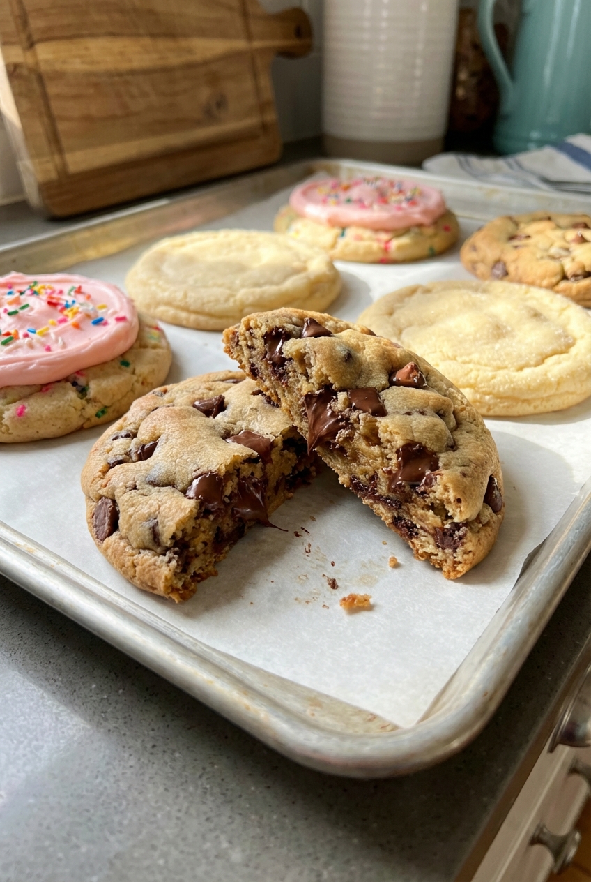 A real photo of thick soft and chewy Crumbl-style cookies on a parchment-lined baking sheet with one cookie broken open to show a tender center