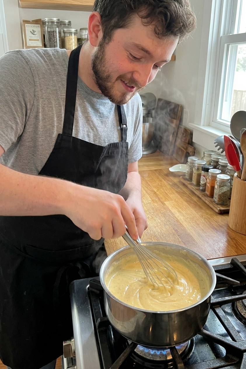 A real photo of thick vanilla pastry cream being whisked in a saucepan on a stovetop