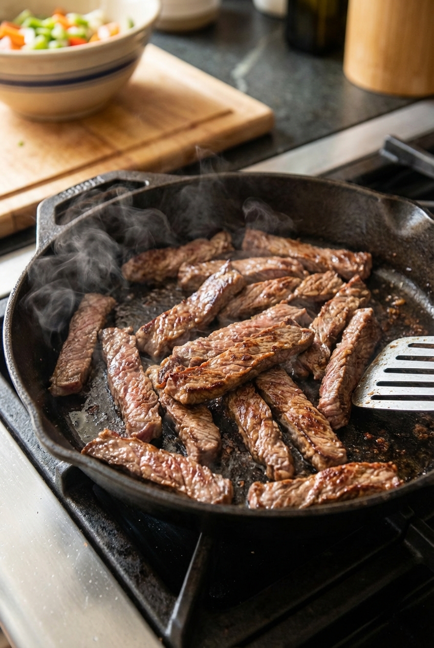 A real photo of thinly sliced beef cooking in a skillet with browned edges and steam rising