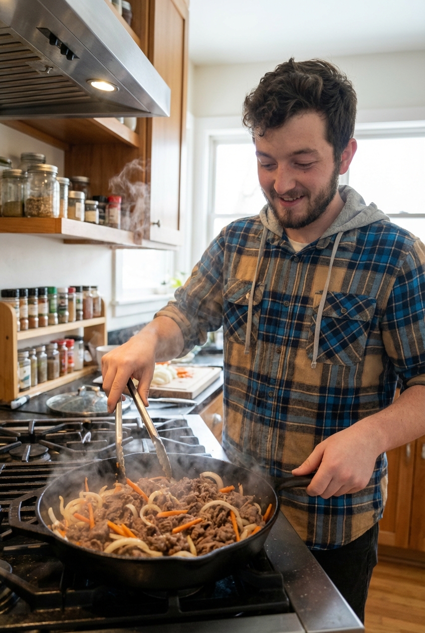 A real photo of thinly sliced bulgogi beef cooking in a hot skillet while being tossed with tongs