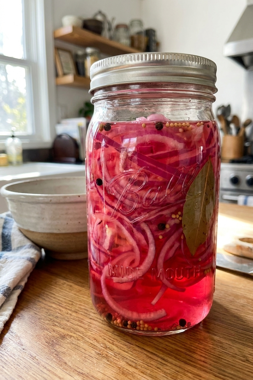 A real photo of thinly sliced red onions soaking in pink pickling brine inside a glass jar on a kitchen counter