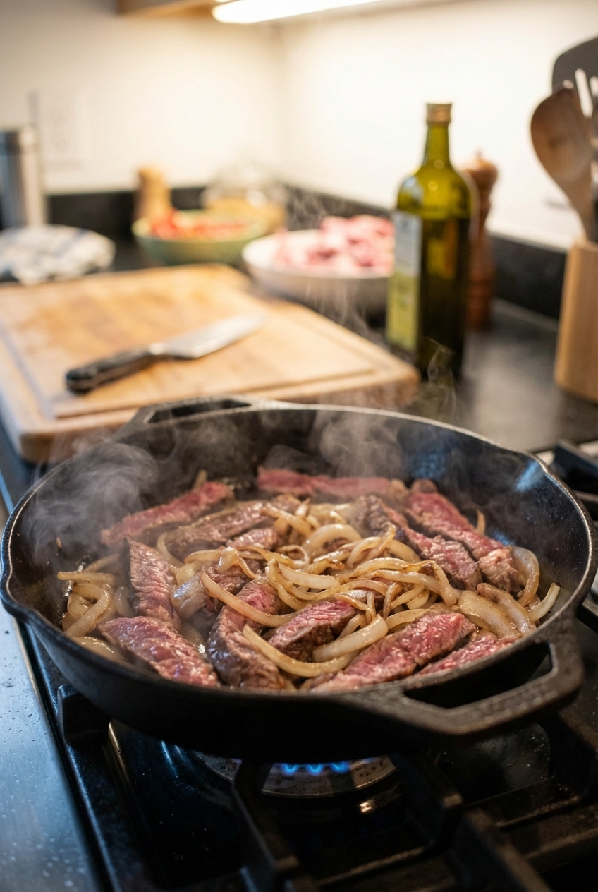 A real photo of thinly sliced ribeye cooking in a hot skillet with sautéed onions, showing steam rising