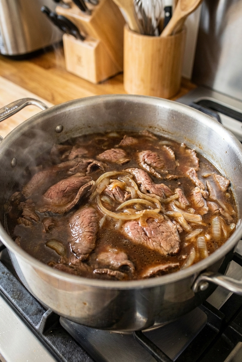 A real photo of thinly sliced roast beef being warmed in a simmering pot of au jus with sliced onions