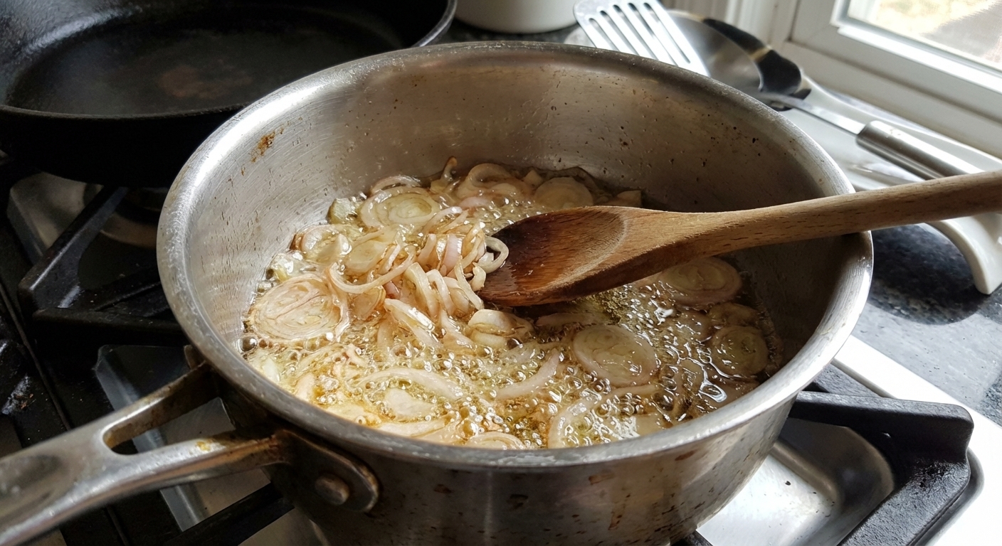 A real photo of thinly sliced shallots gently frying in a small saucepan of oil, turning pale golden with tiny bubbles rising to the surface