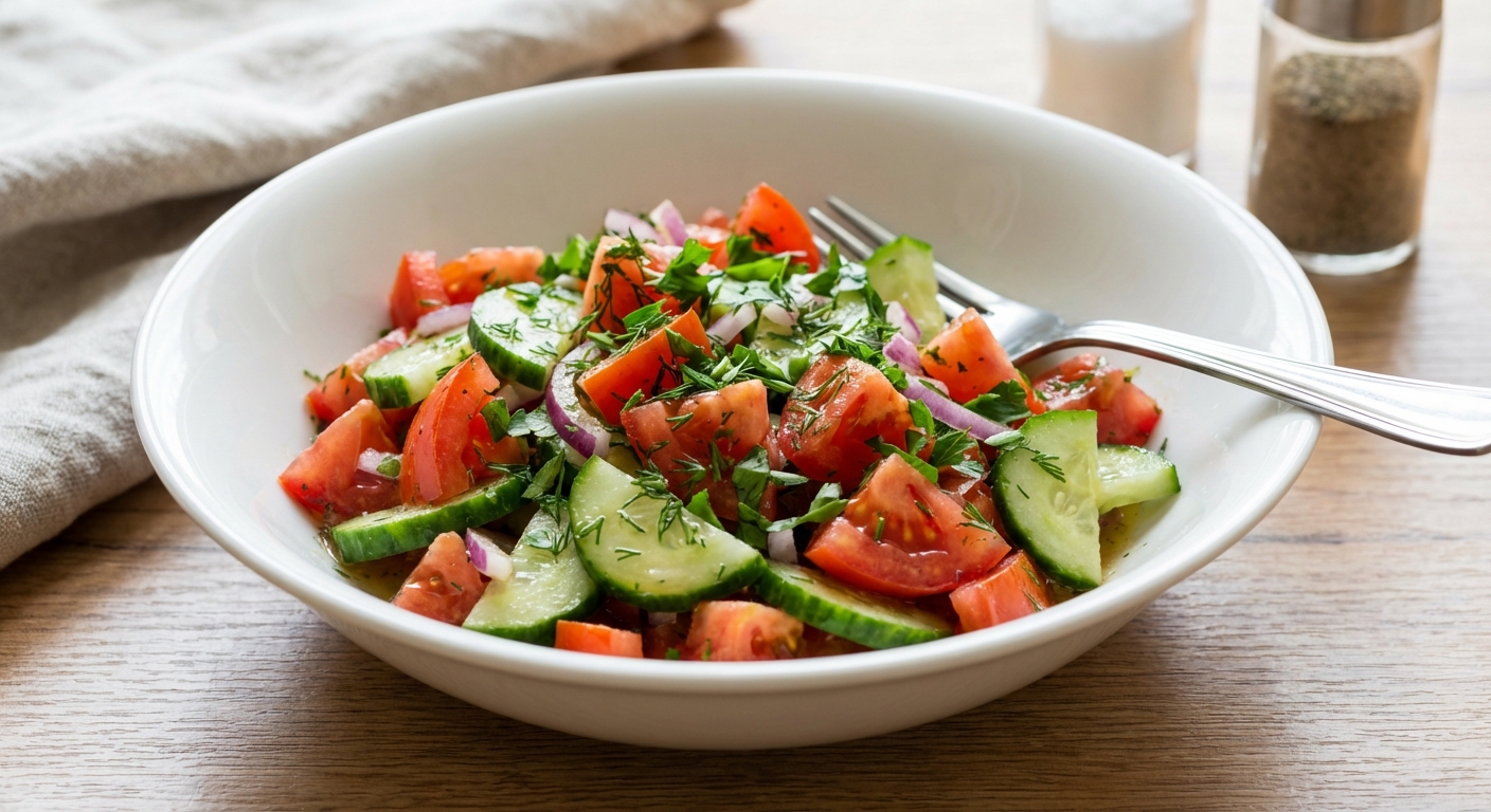 A real photo of tomato cucumber salad in a white bowl with herbs
