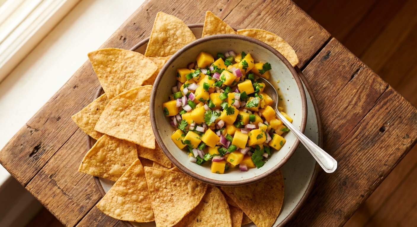 A real photo of tortilla chips with a bowl of chunky mango salsa