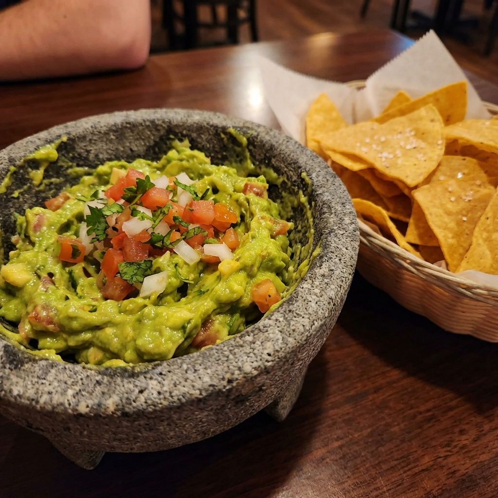 A real photo of tortilla chips with fresh guacamole in a stone bowl