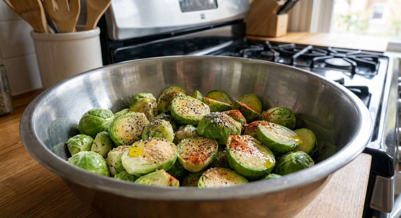 A real photo of trimmed and halved Brussels sprouts in a mixing bowl with olive oil and spices before roasting