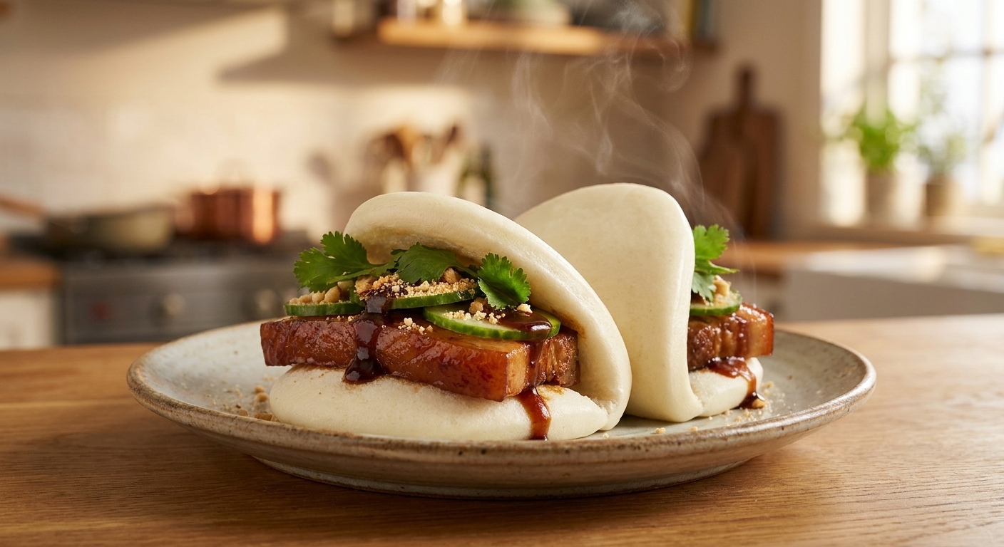 A real photo of two fluffy folded steamed gua bao buns on a plate, filled with glossy glazed pork belly, sliced cucumbers, fresh cilantro, and a drizzle of sauce, warm kitchen lighting