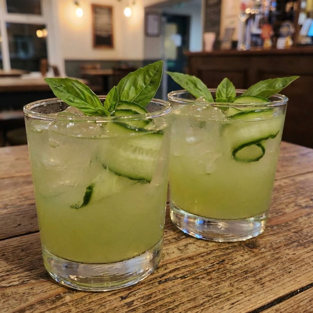 A real photo of two glasses of pale green rum punch with ice, basil sprigs, and cucumber ribbons on a wooden table
