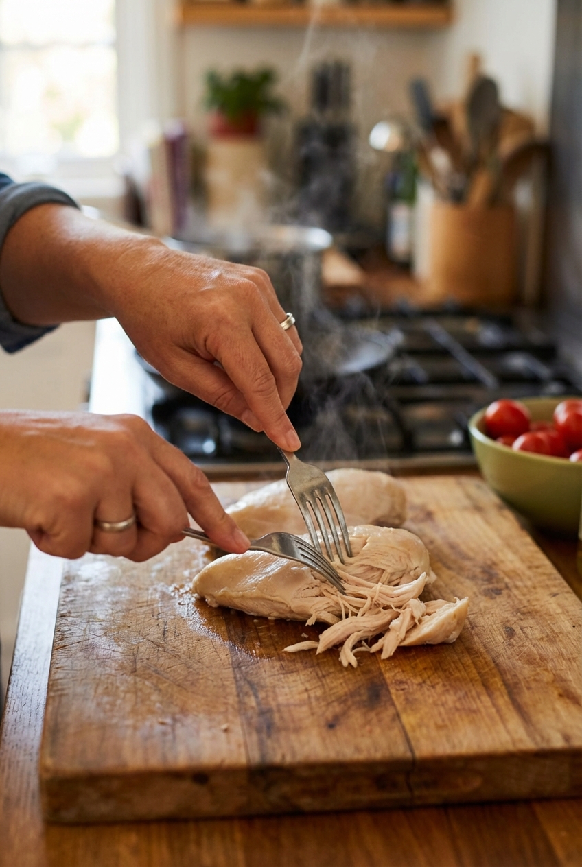 A real photo of two hands shredding warm poached chicken on a cutting board with a fork