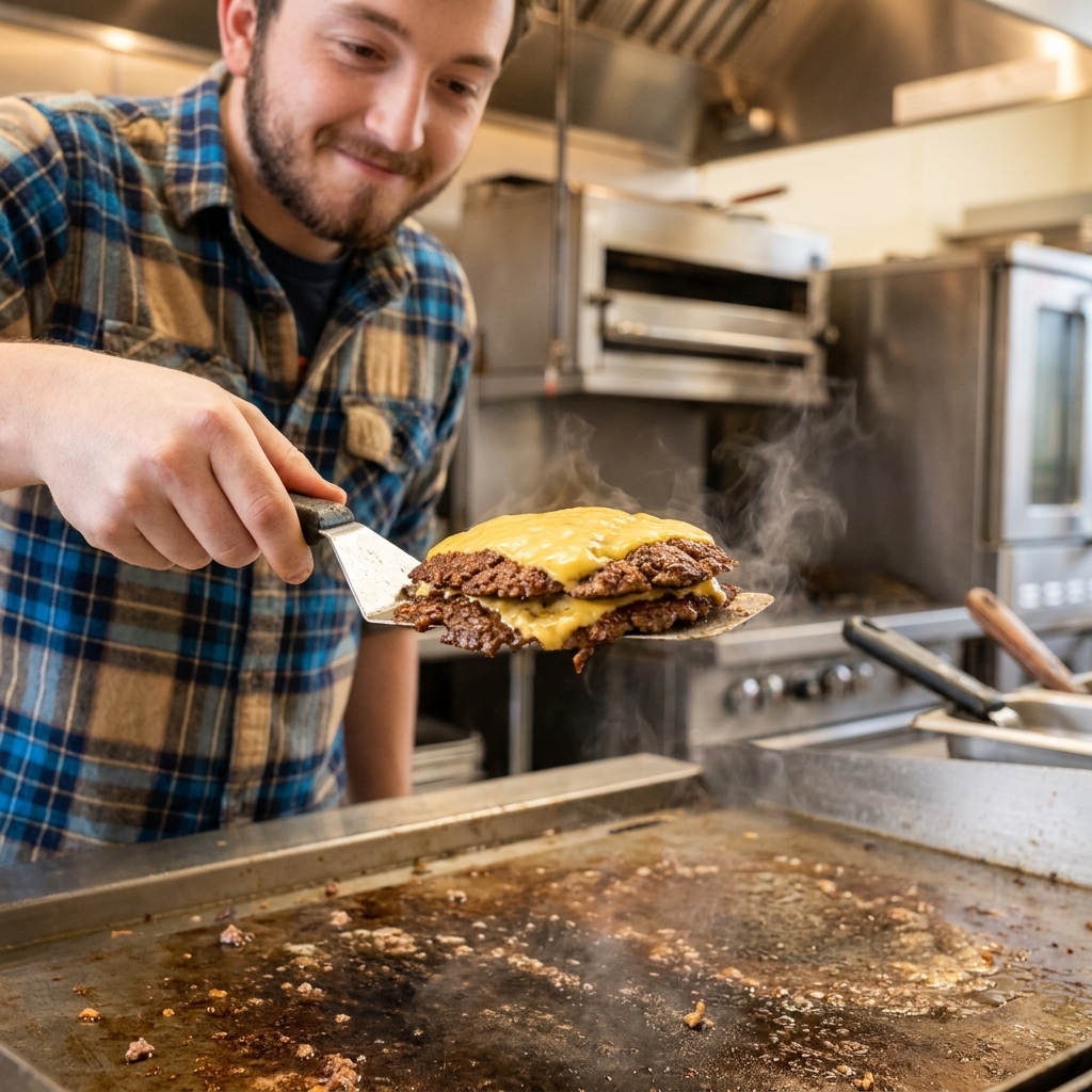 A real photo of two thin smash burger patties stacked with melted American cheese and crisp browned edges on a spatula above a griddle
