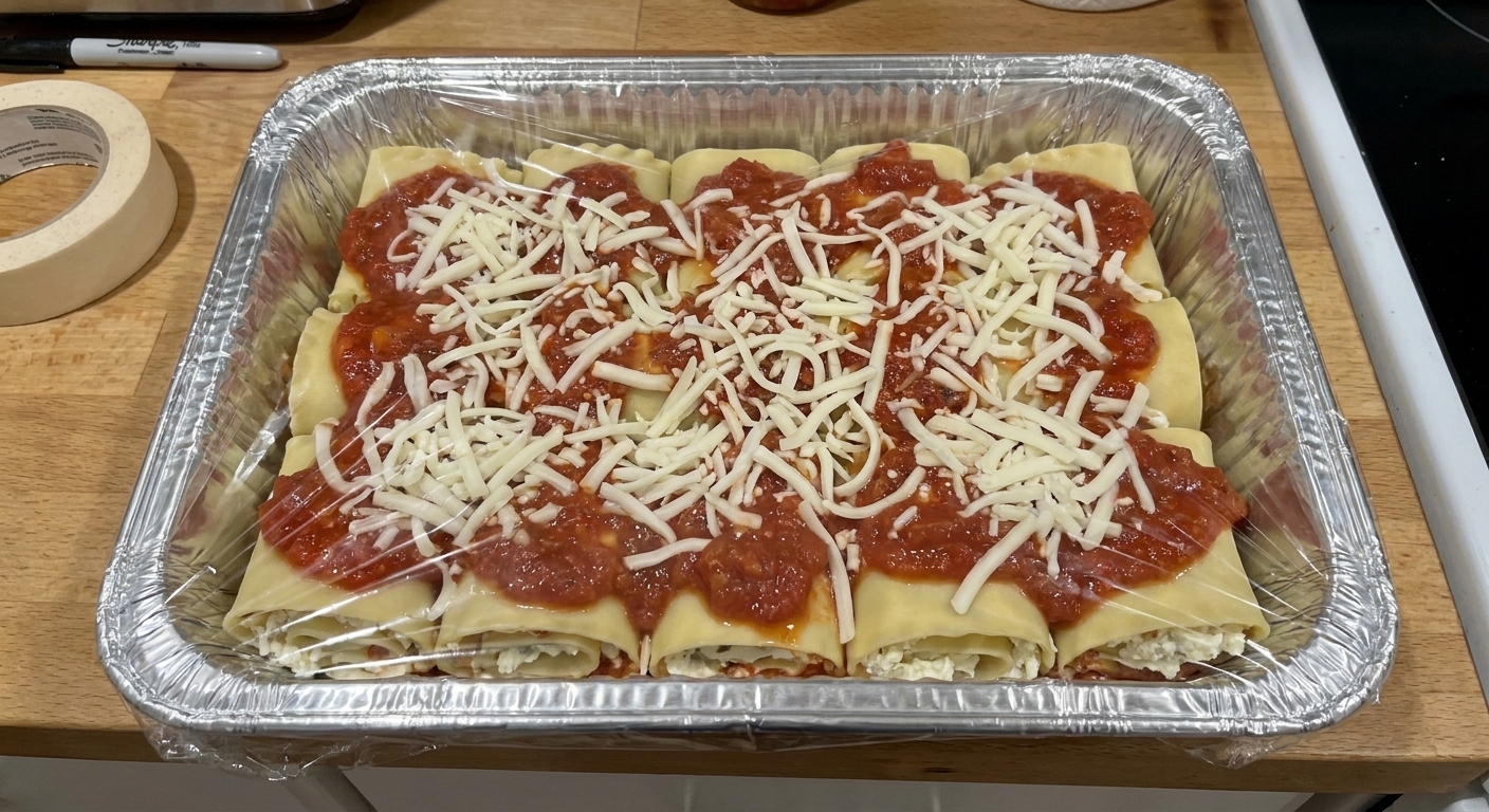 A real photo of unbaked lasagna roll-ups arranged in a disposable foil pan with marinara and shredded mozzarella, tightly wrapped and ready for the freezer