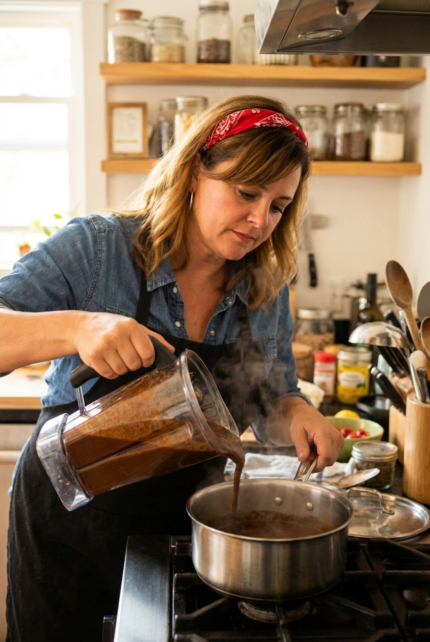A real photo of vegan mole sauce being poured from a blender into a saucepan on a stovetop
