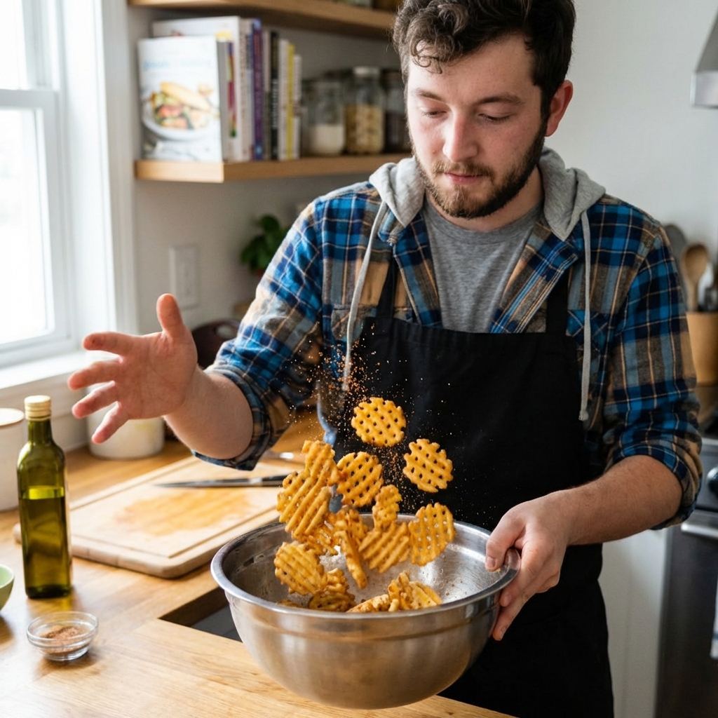 A real photo of waffle fries being tossed with seasoning in a metal mixing bowl