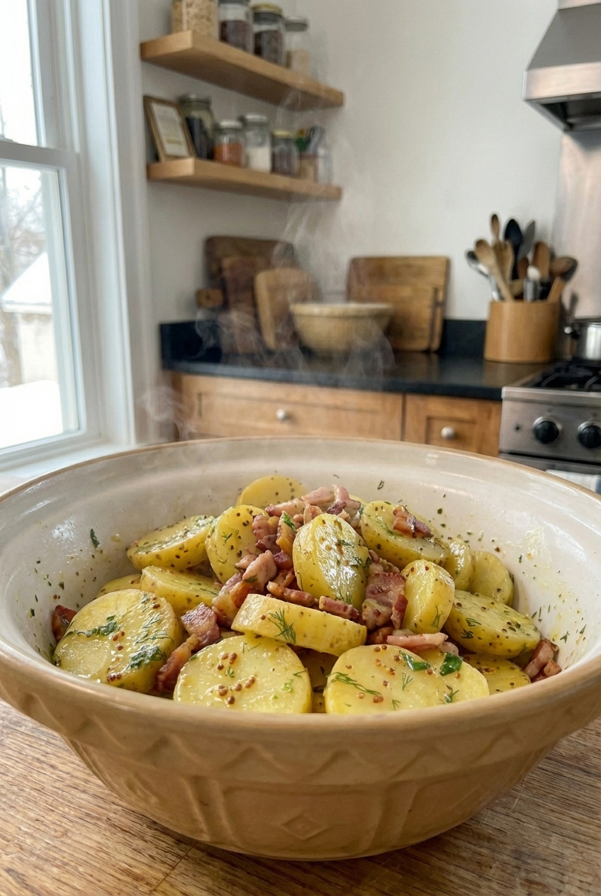 A real photo of warm German potato salad in a serving bowl topped with crispy bacon and chopped parsley