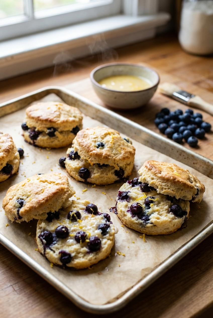 A real photo of warm buttermilk biscuits split open on a parchment-lined baking sheet, dotted with blueberries and flecks of lemon zest, with a small bowl of lemon glaze in the background