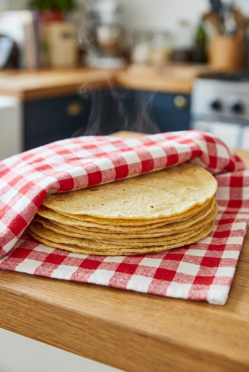 A real photo of warm corn tortillas stacked in a towel