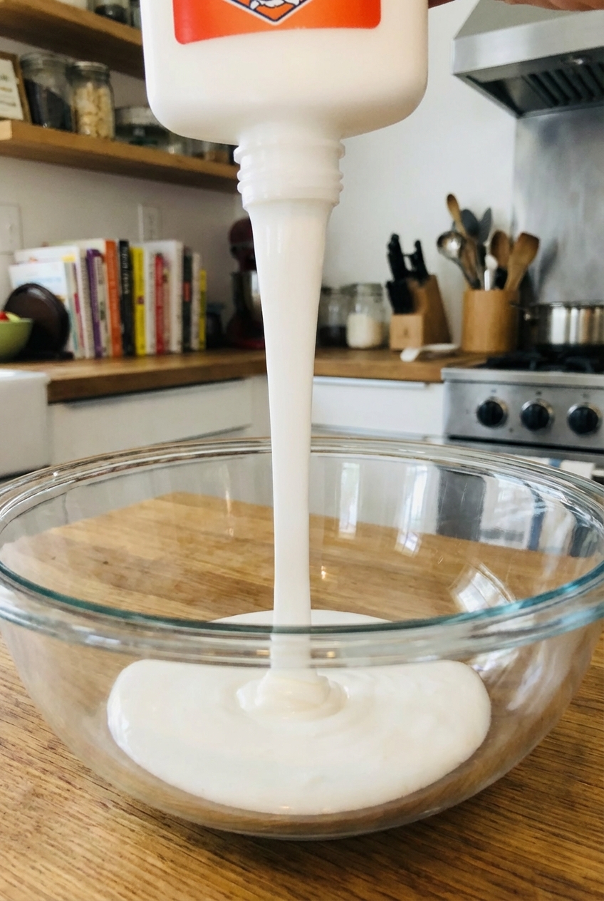A real photo of white school glue being poured into a clear glass mixing bowl on a kitchen counter