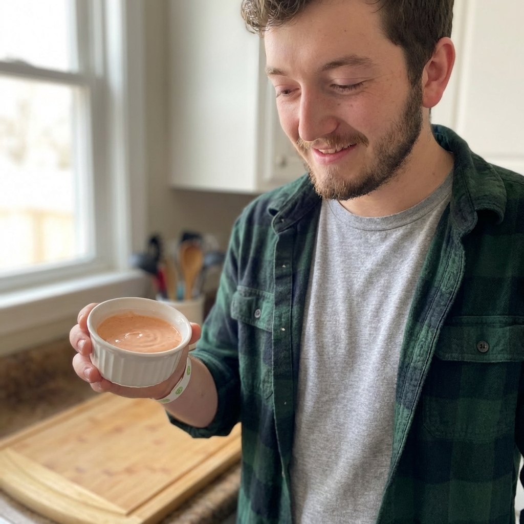 A real photo of yum yum sauce in a small dipping bowl