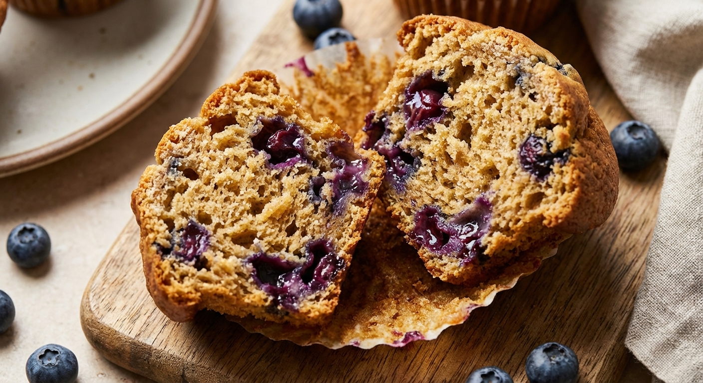 A real photograph close-up of a blueberry muffin torn open showing a moist crumb and juicy blueberries
