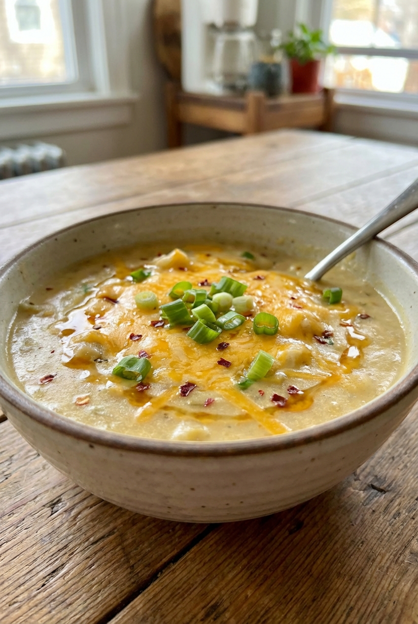 A real photograph close up of a bowl of creamy sweet and spicy potato soup with melted cheddar and green onions on top