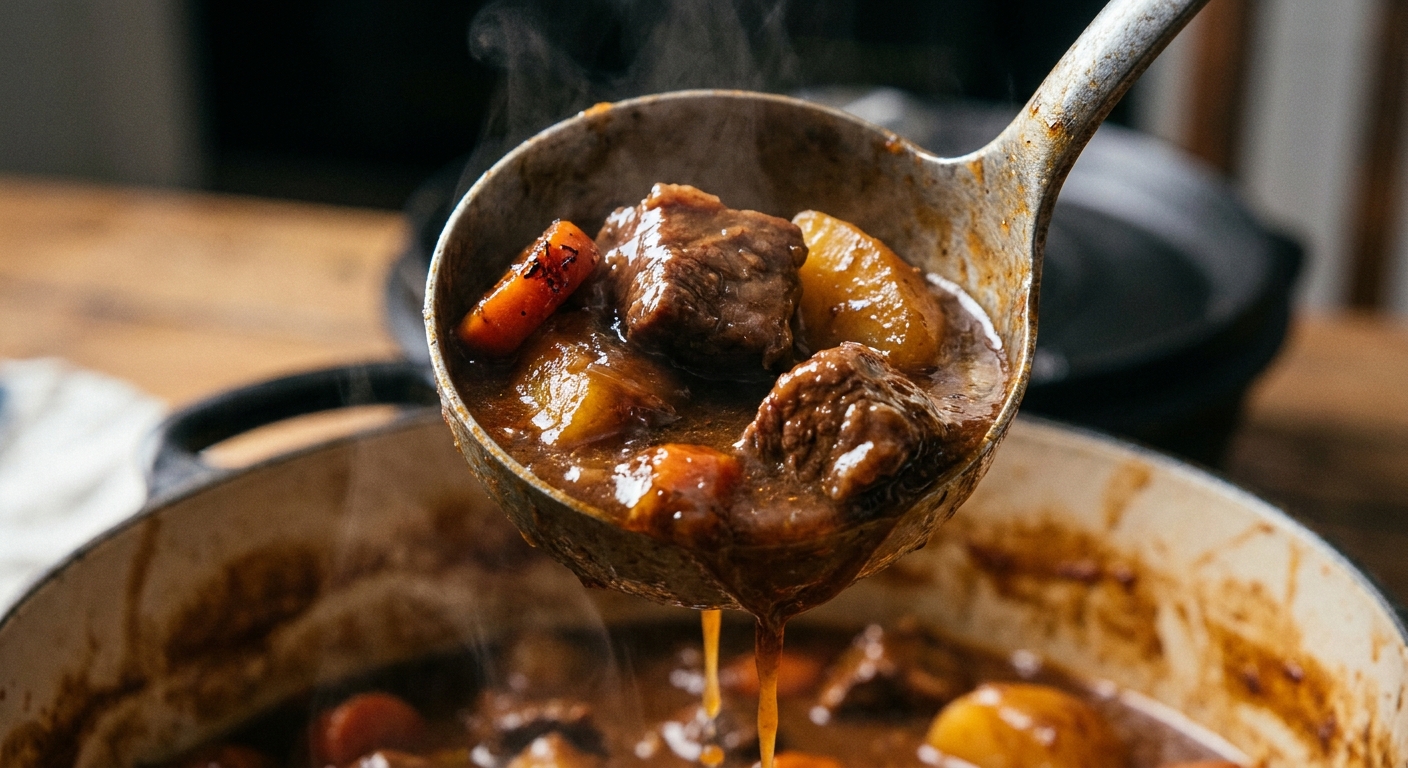A real photograph close-up of a ladle lifting thick beef stew with chunks of beef, carrots, and potatoes, showing a rich glossy gravy