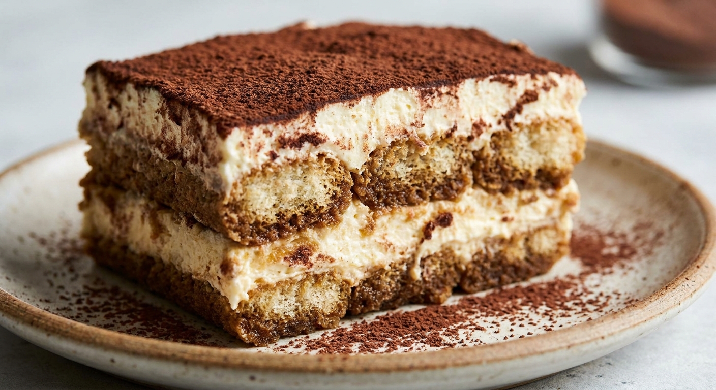 A real photograph close up of a single slice of tiramisu on a dessert plate, showing distinct layers of espresso-soaked ladyfingers and mascarpone cream with cocoa powder on top
