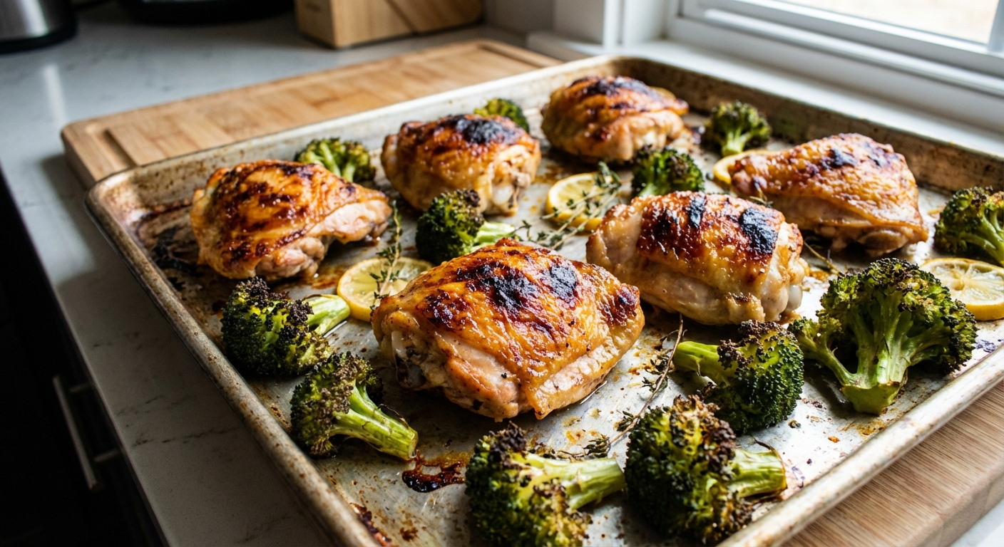 A real photograph close-up of crispy roasted chicken thighs with caramelized edges and roasted broccoli on a sheet pan