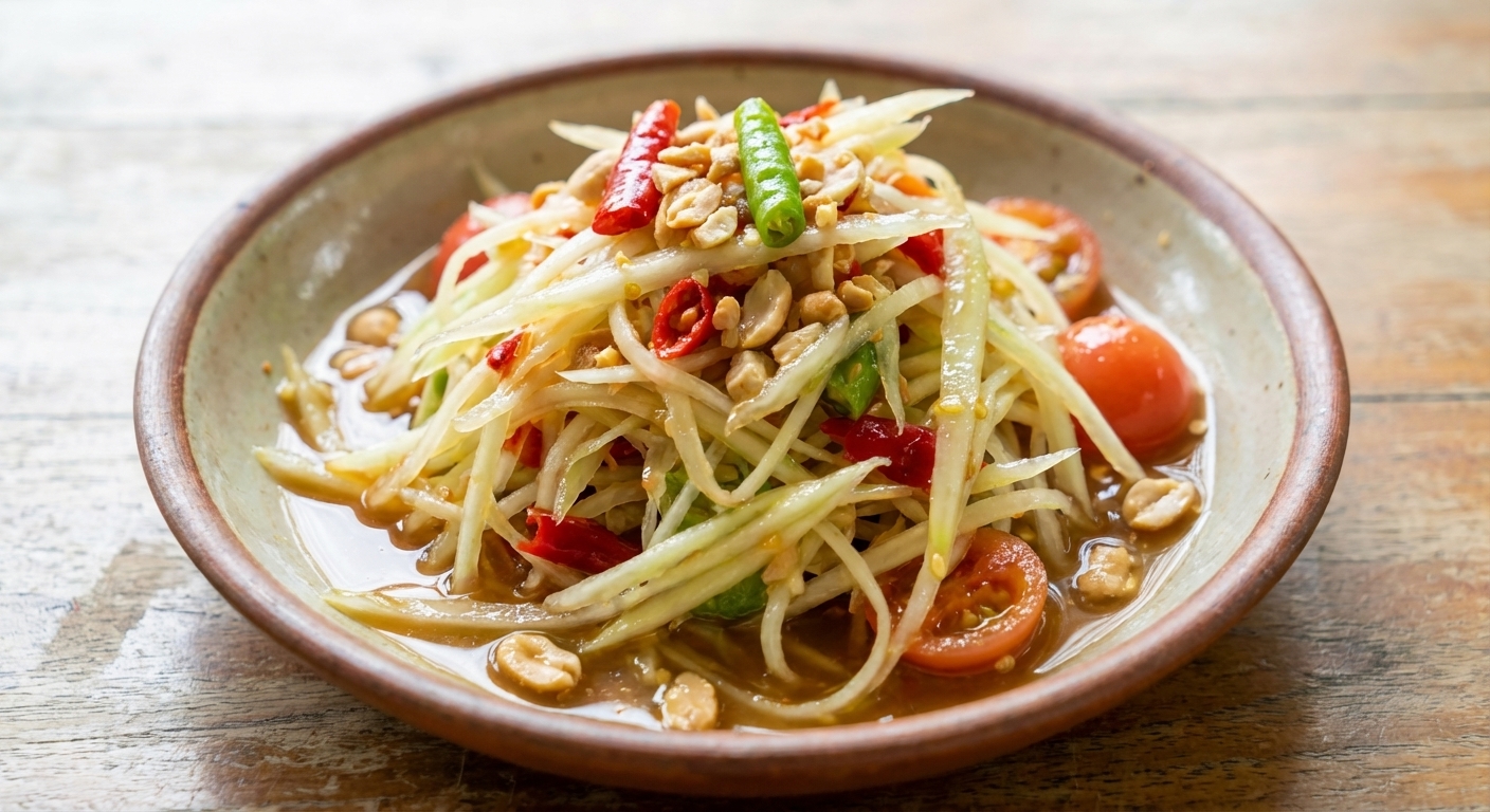A real photograph close-up of som tam with glistening lime and fish sauce dressing coating shredded green papaya, with visible chile slices and crushed peanuts
