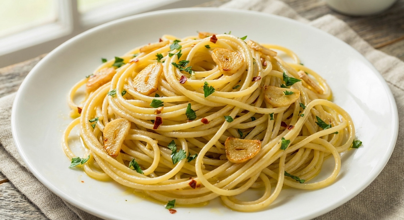 A real photograph close up of spaghetti aglio e olio on a white plate with visible sliced garlic, parsley, and tiny red pepper flakes in glossy olive oil